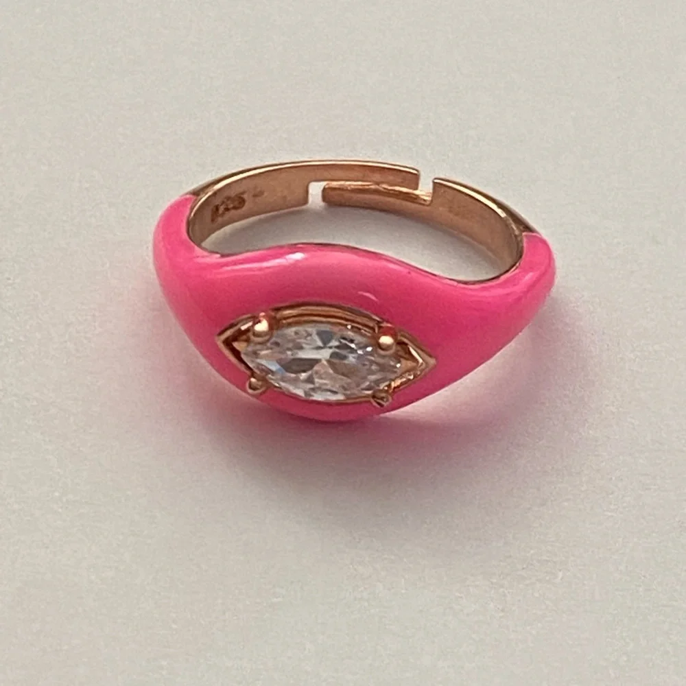 925 Silver ring pink enamel oval cz eye